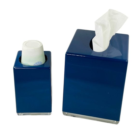 Vintage Oxford Lucite Cobalt Blue and Clear Tissue Box & Cup Holder Set - Picture 2 of 14